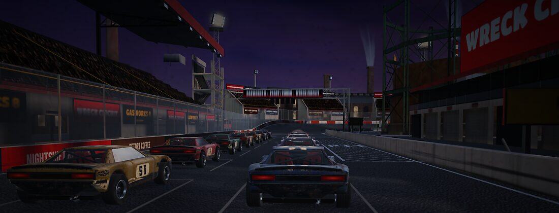 The Gasworks 8 grid at night under a floodlit grandstand