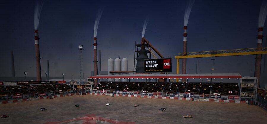 Ironworks Bowl at night: a concrete bowl beneath smoking chimneys and floodlit stands