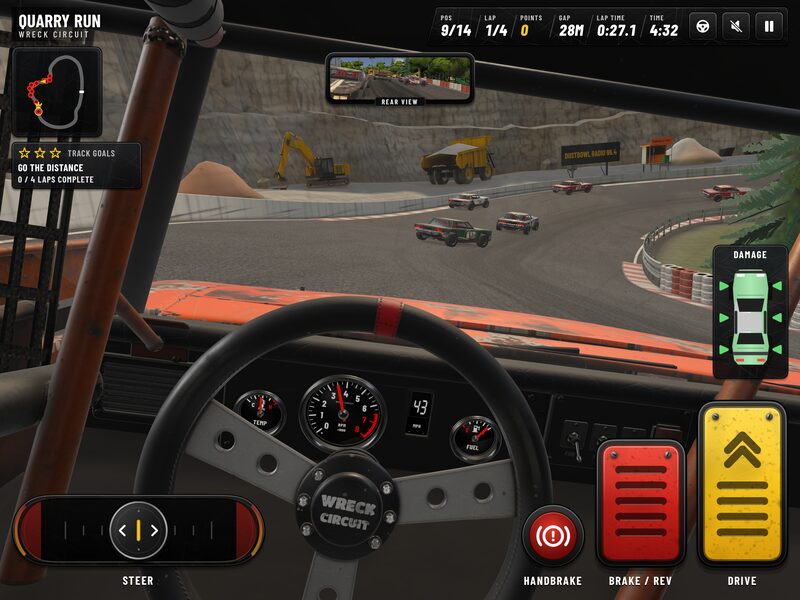 The cockpit view at Quarry Run: steering wheel, dials and rivals ahead through the windscreen, with the rear-view mirror above