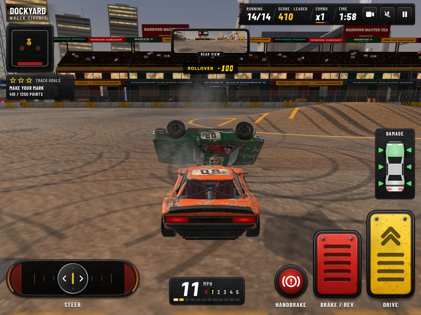 In the Dockyard arena, the orange number 08 car rams a green rival onto its side for a Barrel Roll bonus, with the in-game HUD and touch controls around the edge